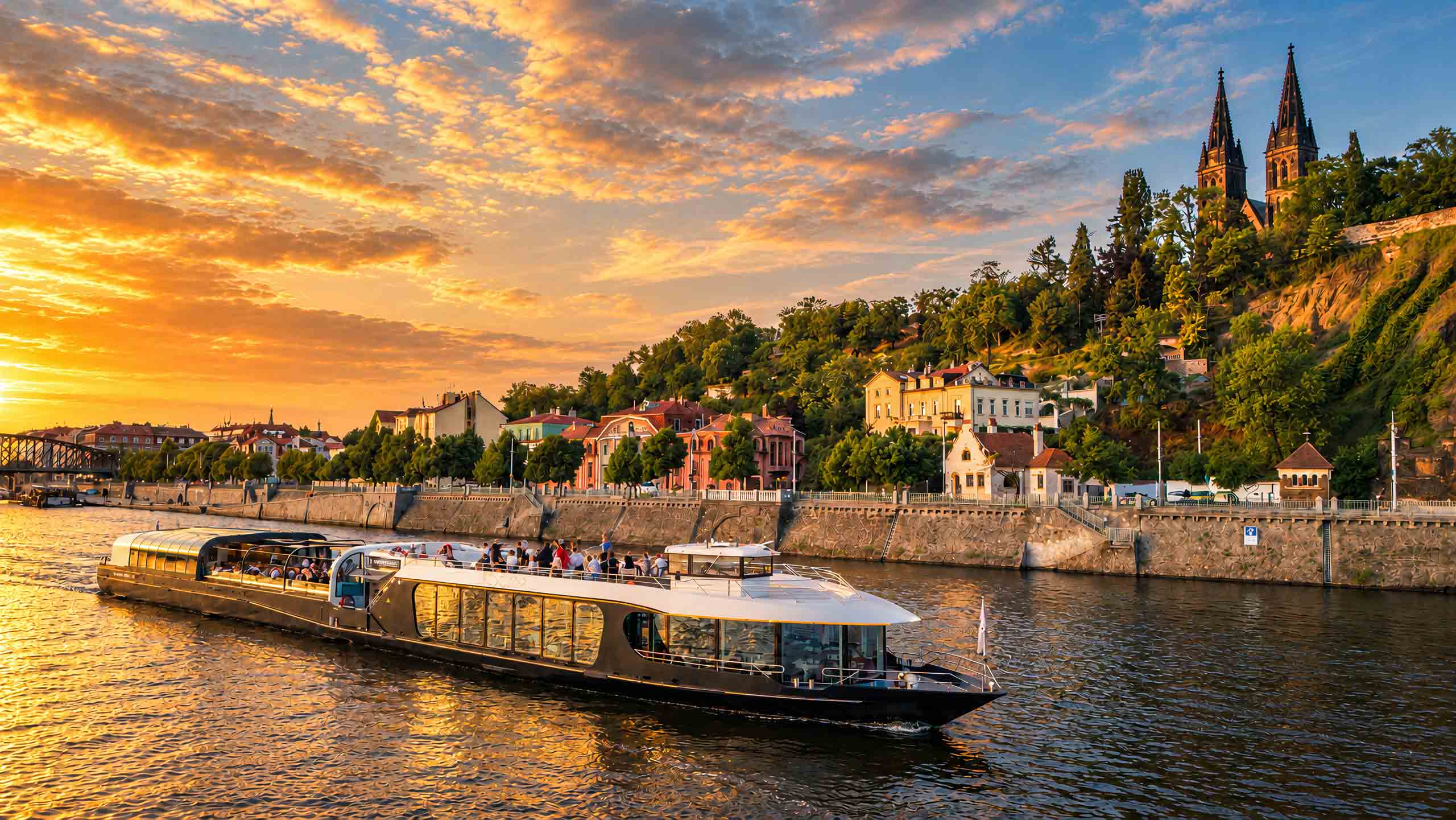 A boat below Vyšehrad at sunset