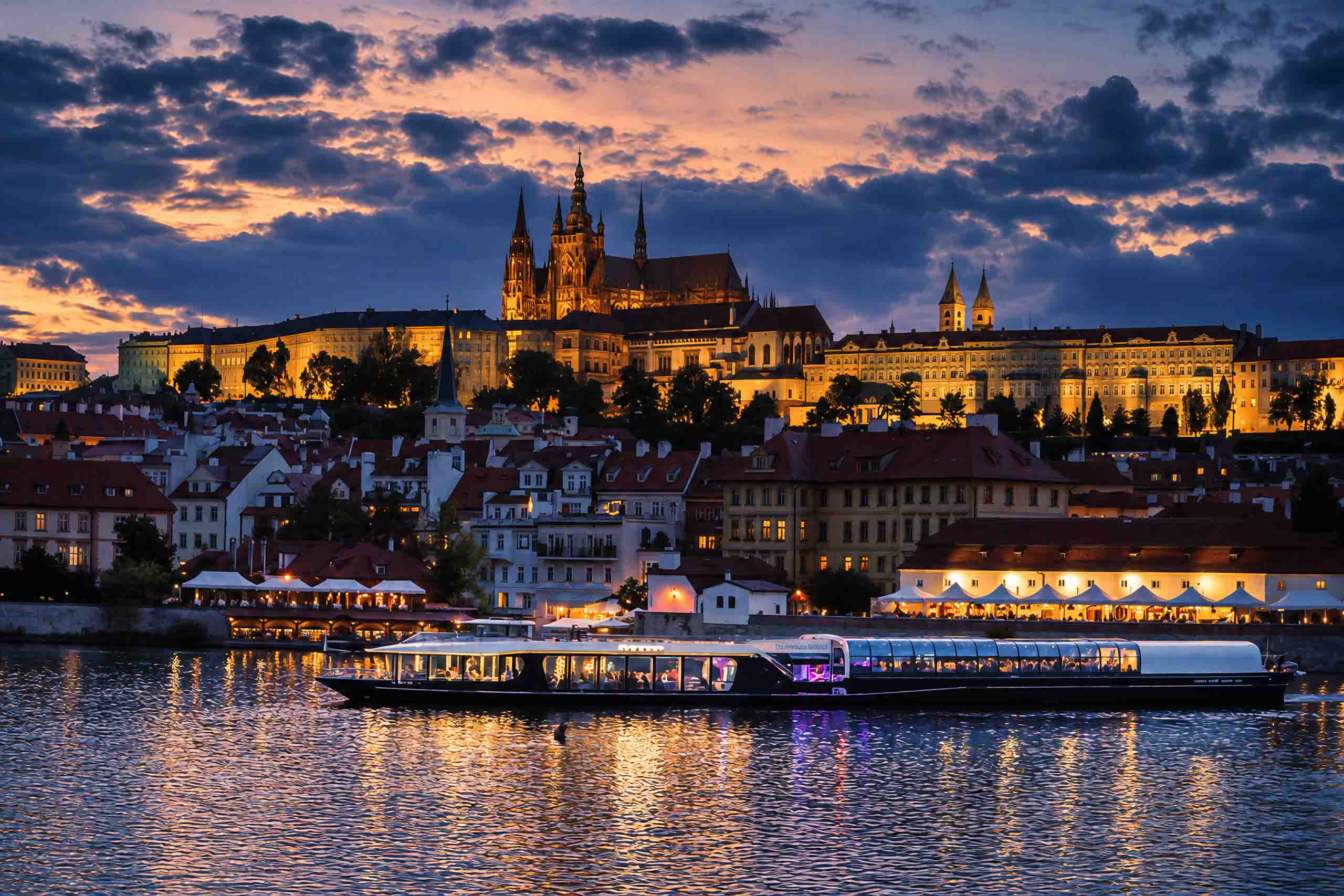 An evening cruise beneath illuminated Prague Castle
