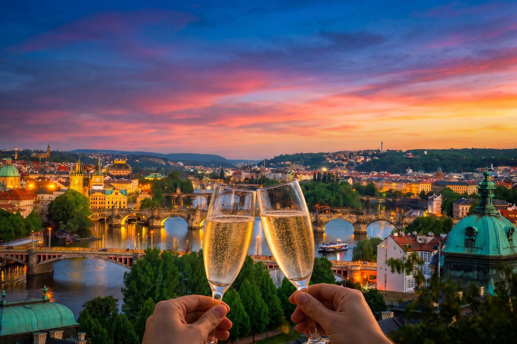 A prosecco toast above Prague at sunset