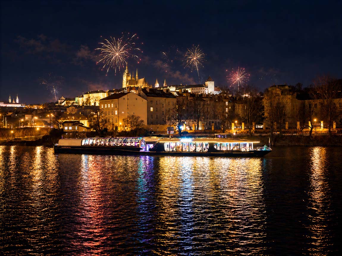 Fireworks over Prague Castle and the illuminated Grand Bohemia on the Vltava